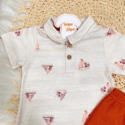 Conj. Camiseta Barcos e Bermuda Canelada - Ferrugem